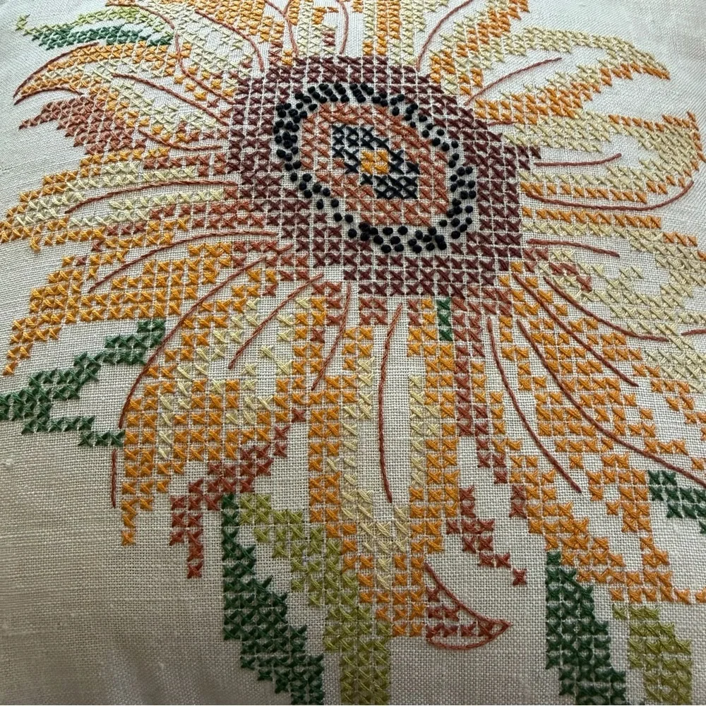 Vintage Hand Embroidered Sunflower Pillow 12” x 12” Cross Stitch Floral Linen